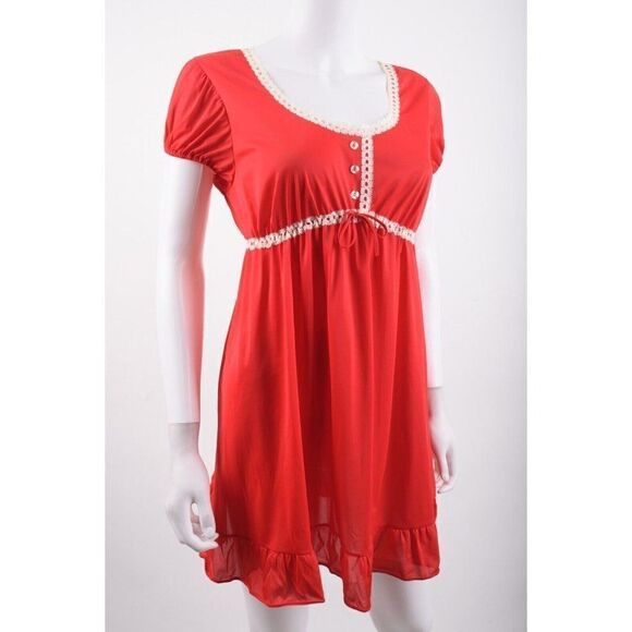Vintage Womens Peignoir Babydoll Nightgown Pajama set + Robe Red Lace Trim Short - Picture 7 of 12